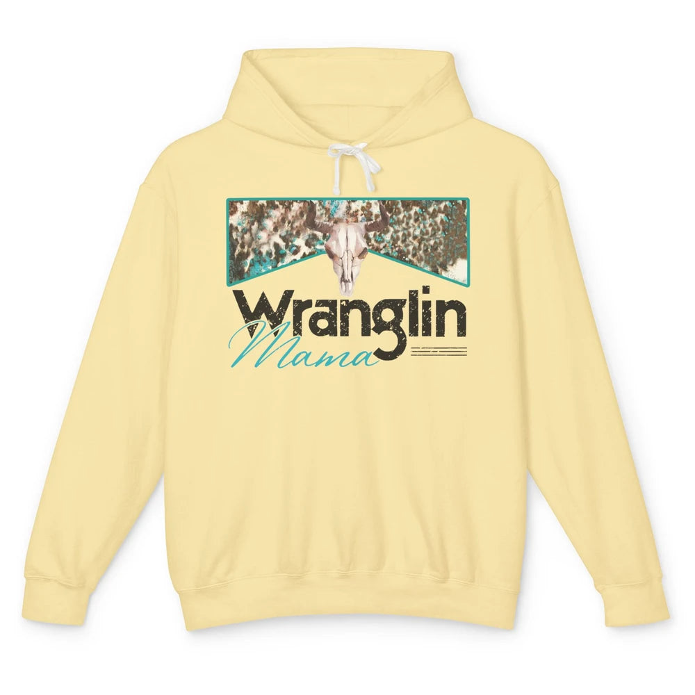 Retro Cowhide Bull Skull Wrangling Mama Western Country Girl Unisex Lightweight Hoodie