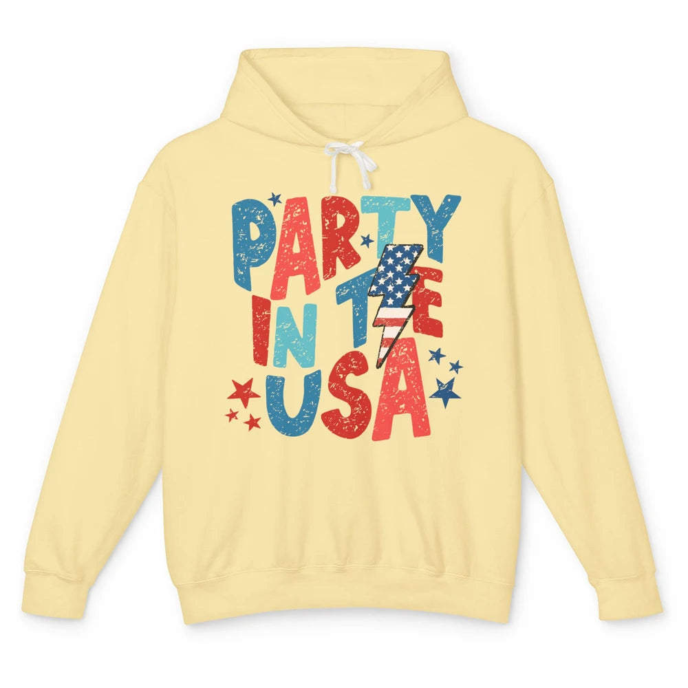 Party In The USA US Flag Lightning Bolt July 4th US Patriot Unisex Lightweight Hoodie