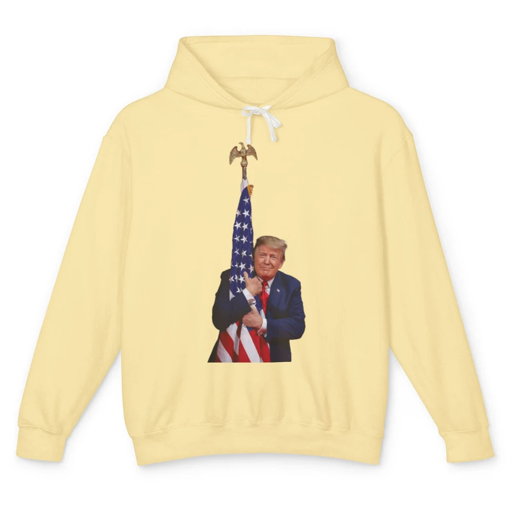 Donald Trump Hugging American Flag Vote Election Republic Unisex Lightweight Hoodie