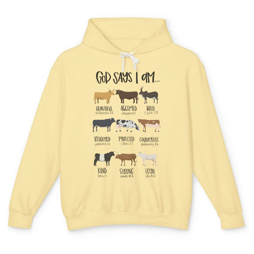 Retro Country Cows God Says I Am Bible Christian Western Unisex Lightweight Hoodie