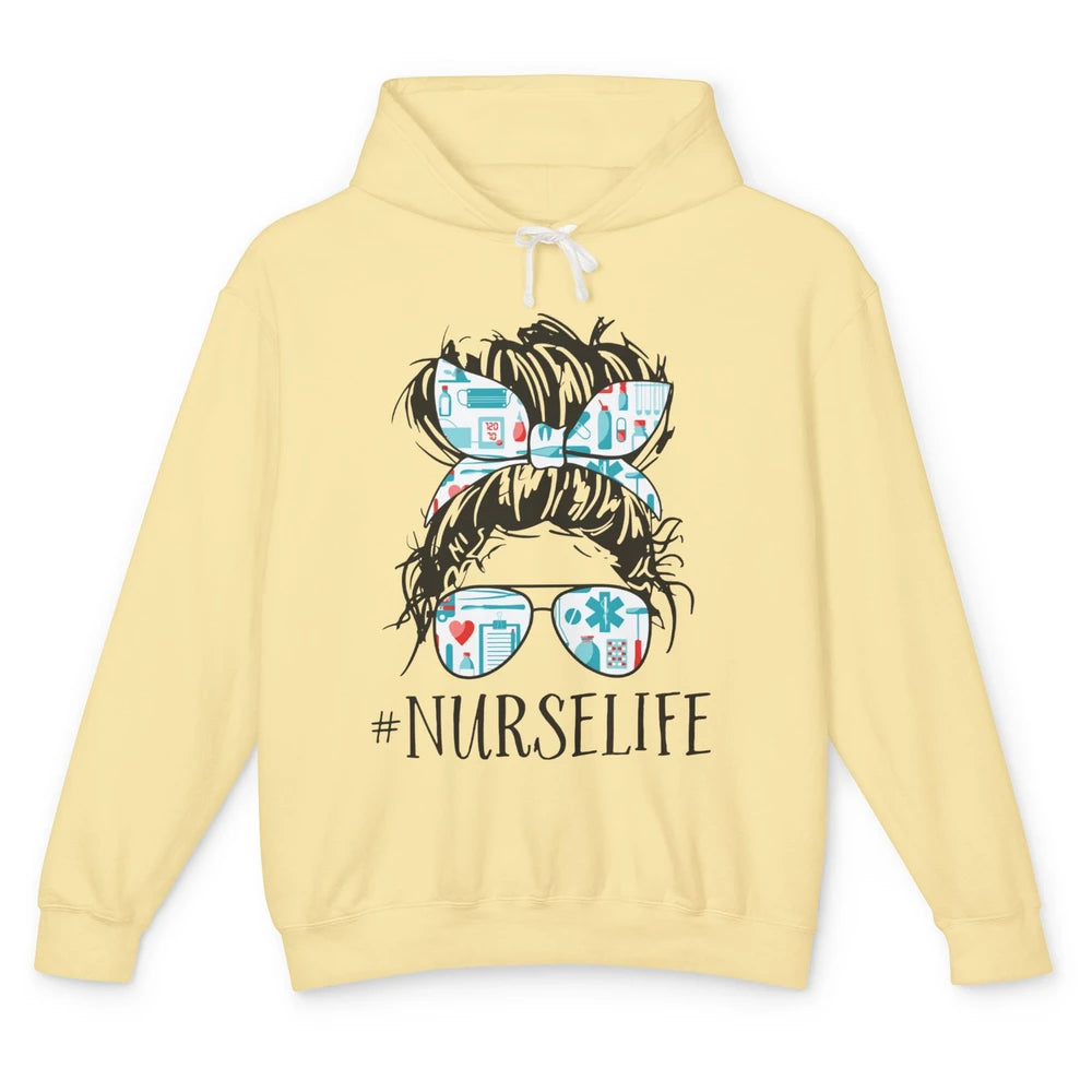Nurse Life Messy Hair Bun Registered Nursing Student Gift Unisex Lightweight Hoodie