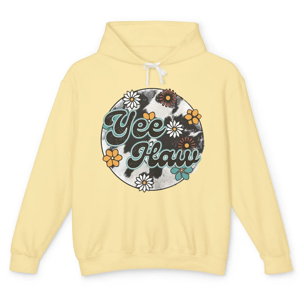 Retro Groovy Daisy Yee Haw Cowhide Western Country Cowgirl Unisex Lightweight Hoodie