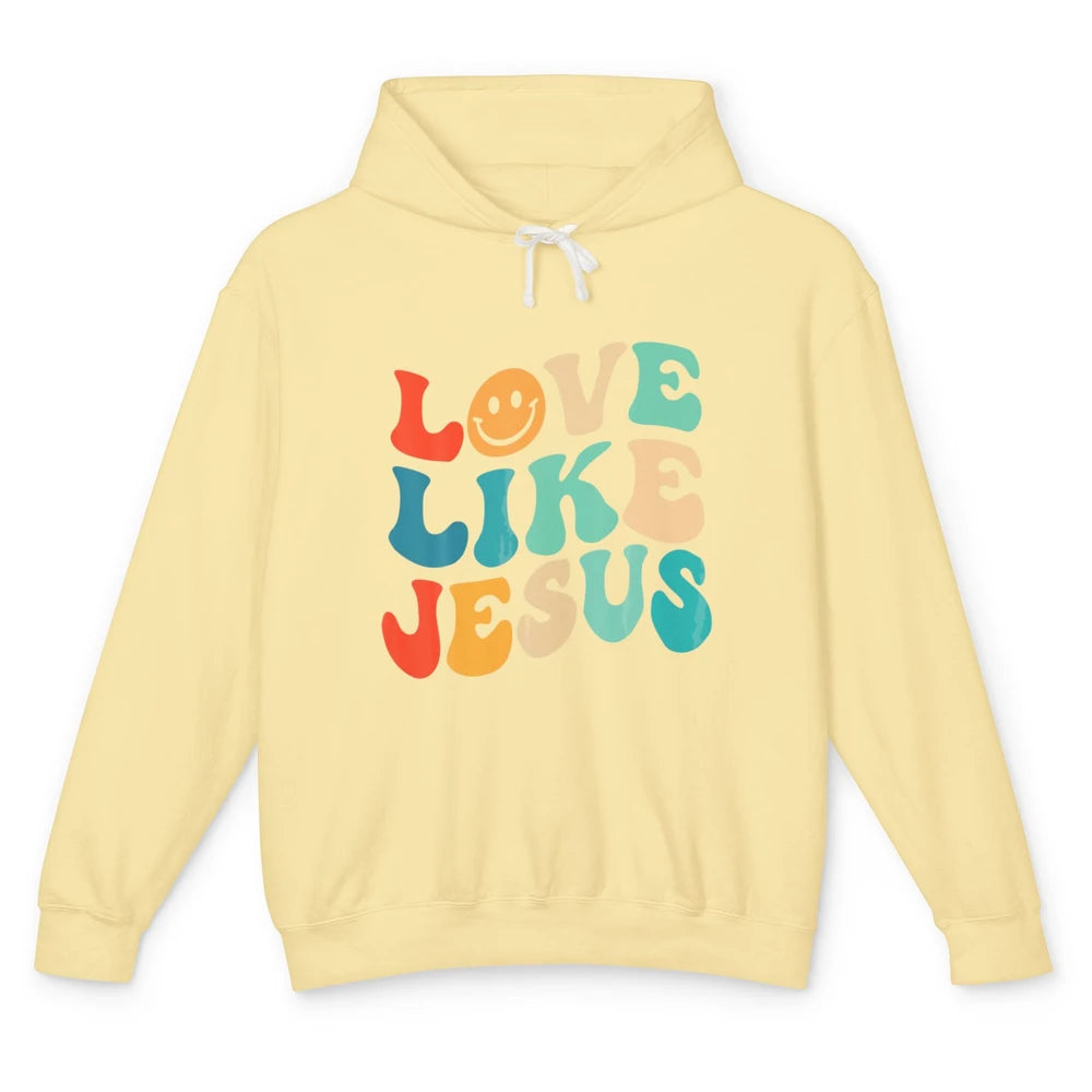 Retro Groovy Love Like Jesus Smiling Face Christ Faith God Unisex Lightweight Hoodie