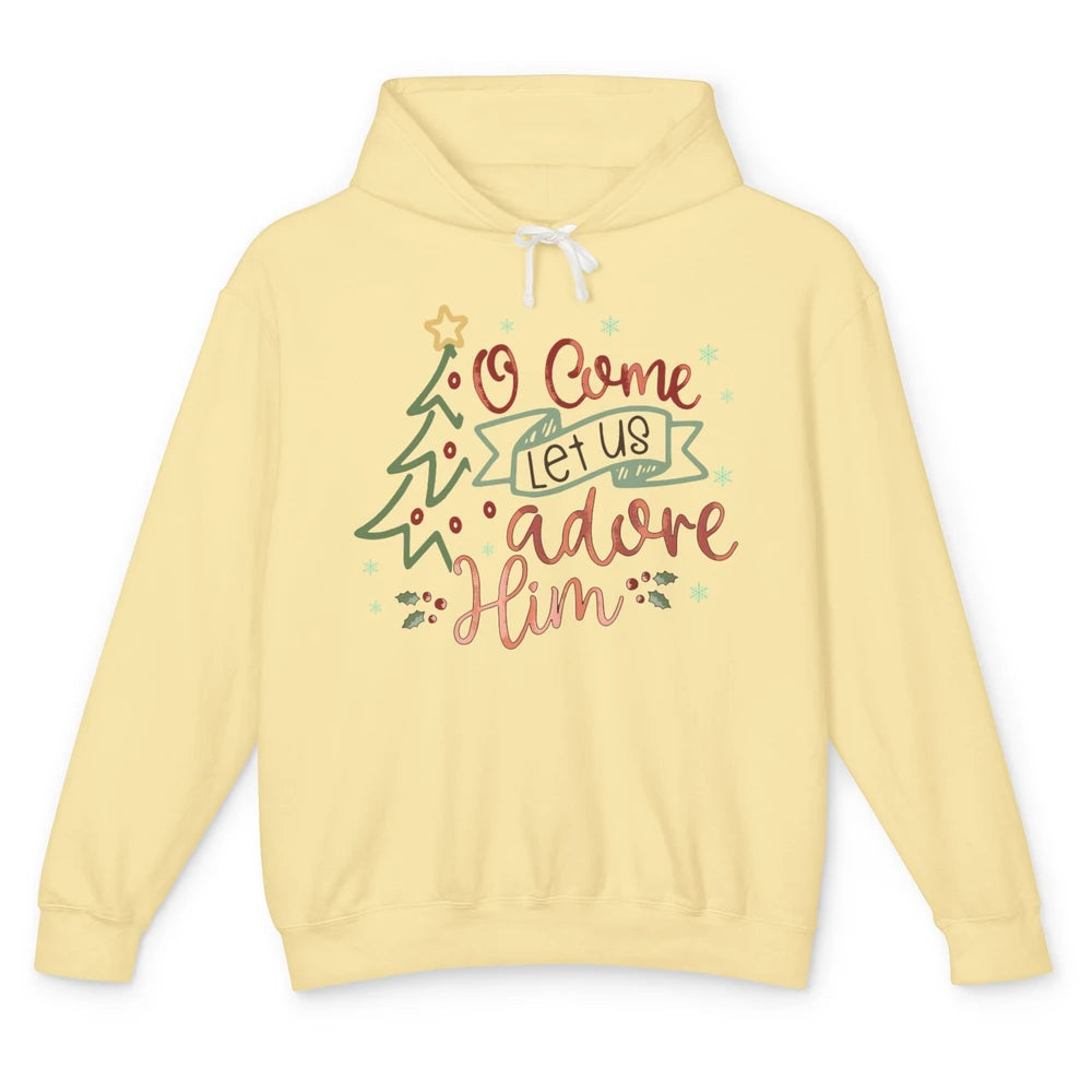 Retro Christmas Tree O Come Let Us Adore Him Christian Jesus Unisex Lightweight Hoodie