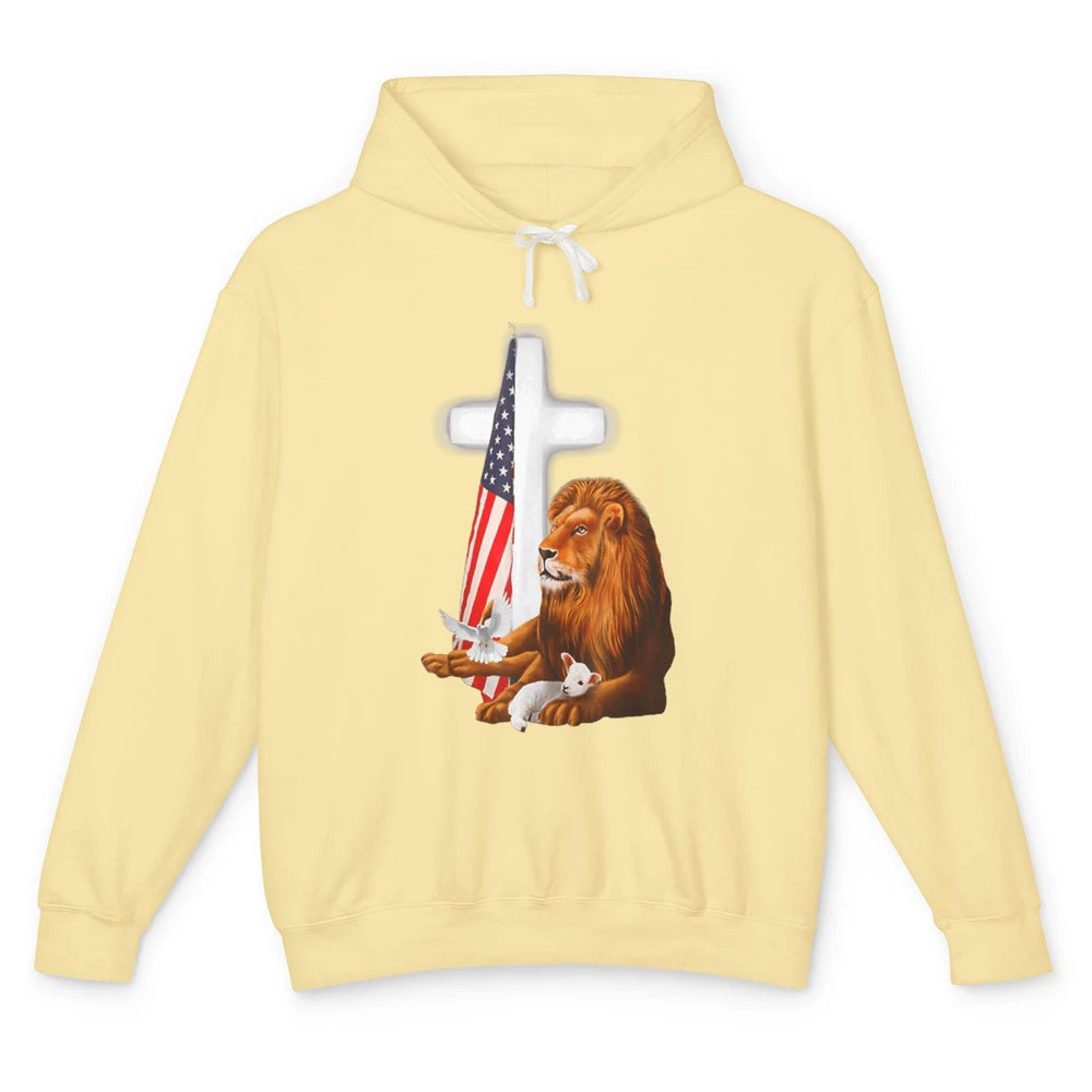 Patriotic Christian Lamb Bible Verse Lion Cross Religious Unisex Lightweight Hoodie