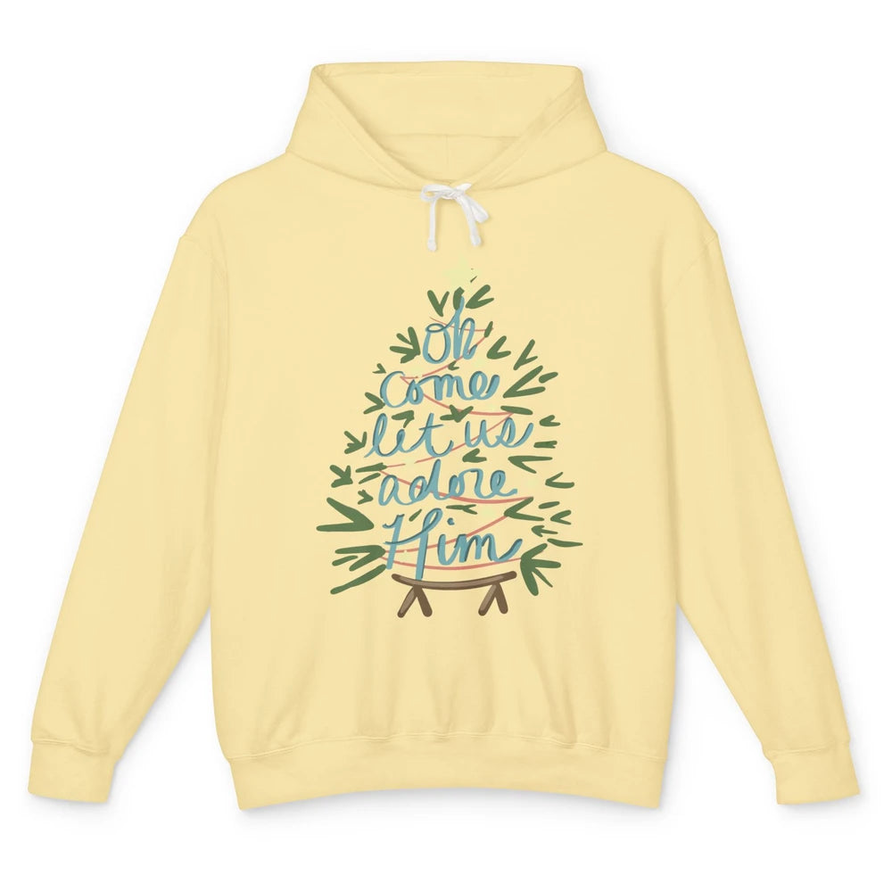 Oh Come Let Us Adore Him Groovy Christmas Tree Church Xmas Unisex Lightweight Hoodie