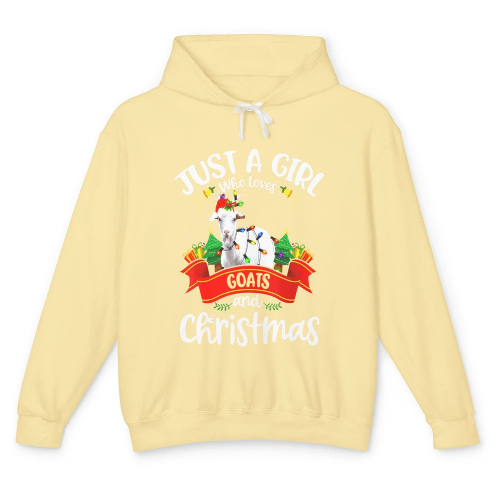 Merry Christmas Just Girl Loves Goat And Xmas Tree Lights Unisex Lightweight Hoodie