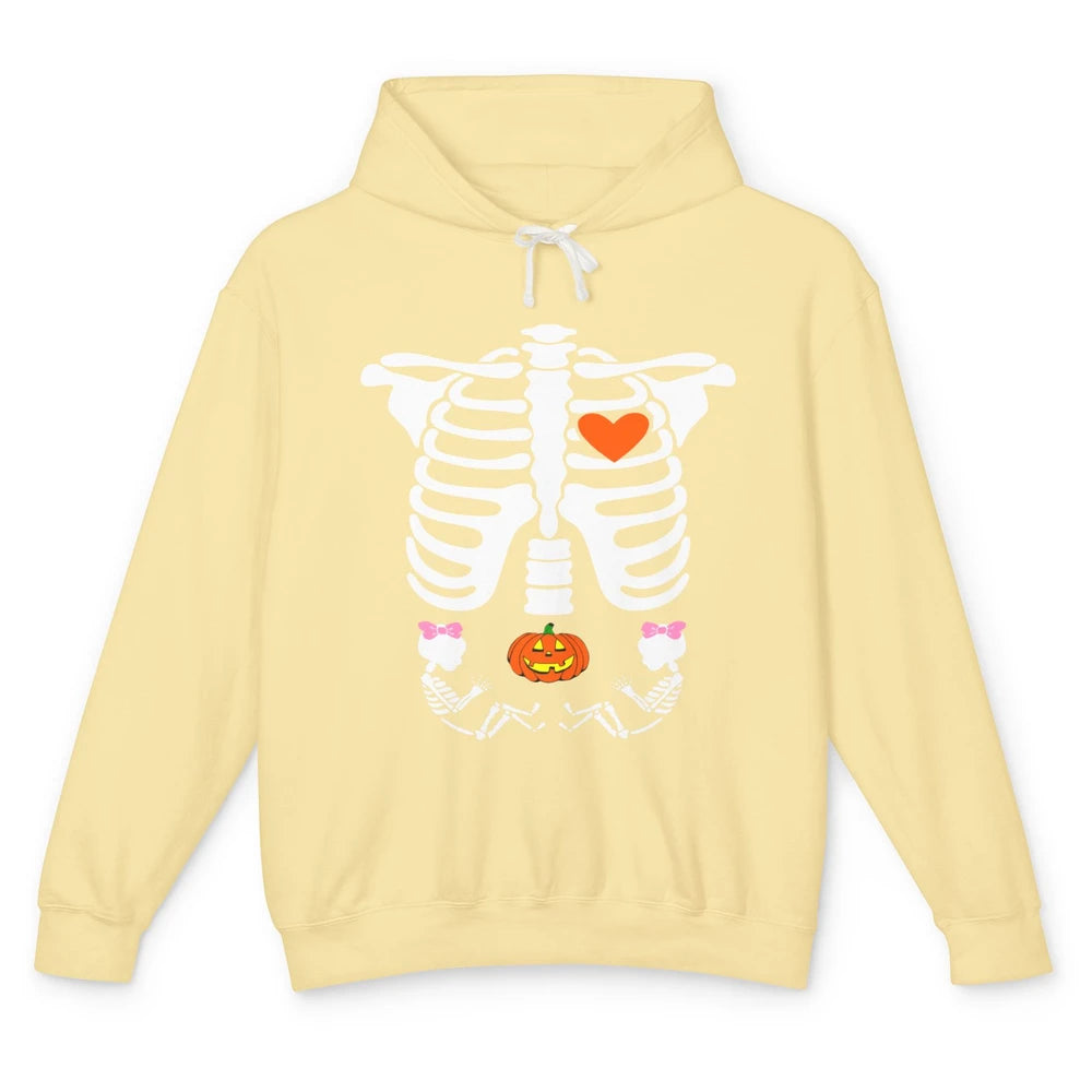 Pregnant Halloween Skeleton Baby Twins Witch Pumpkin Costume Unisex Lightweight Hoodie
