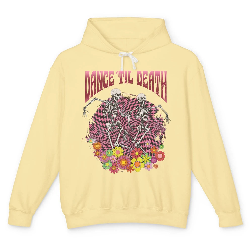Retro Dancing Skeletons Dance Til Death Groovy Daisy Floral Unisex Lightweight Hoodie
