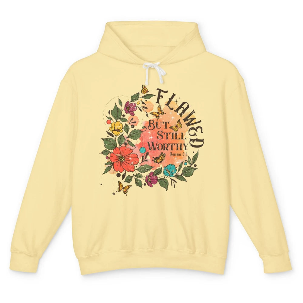 Retro Floral Flawed But Still Worthy Bible Verse Christian Unisex Lightweight Hoodie