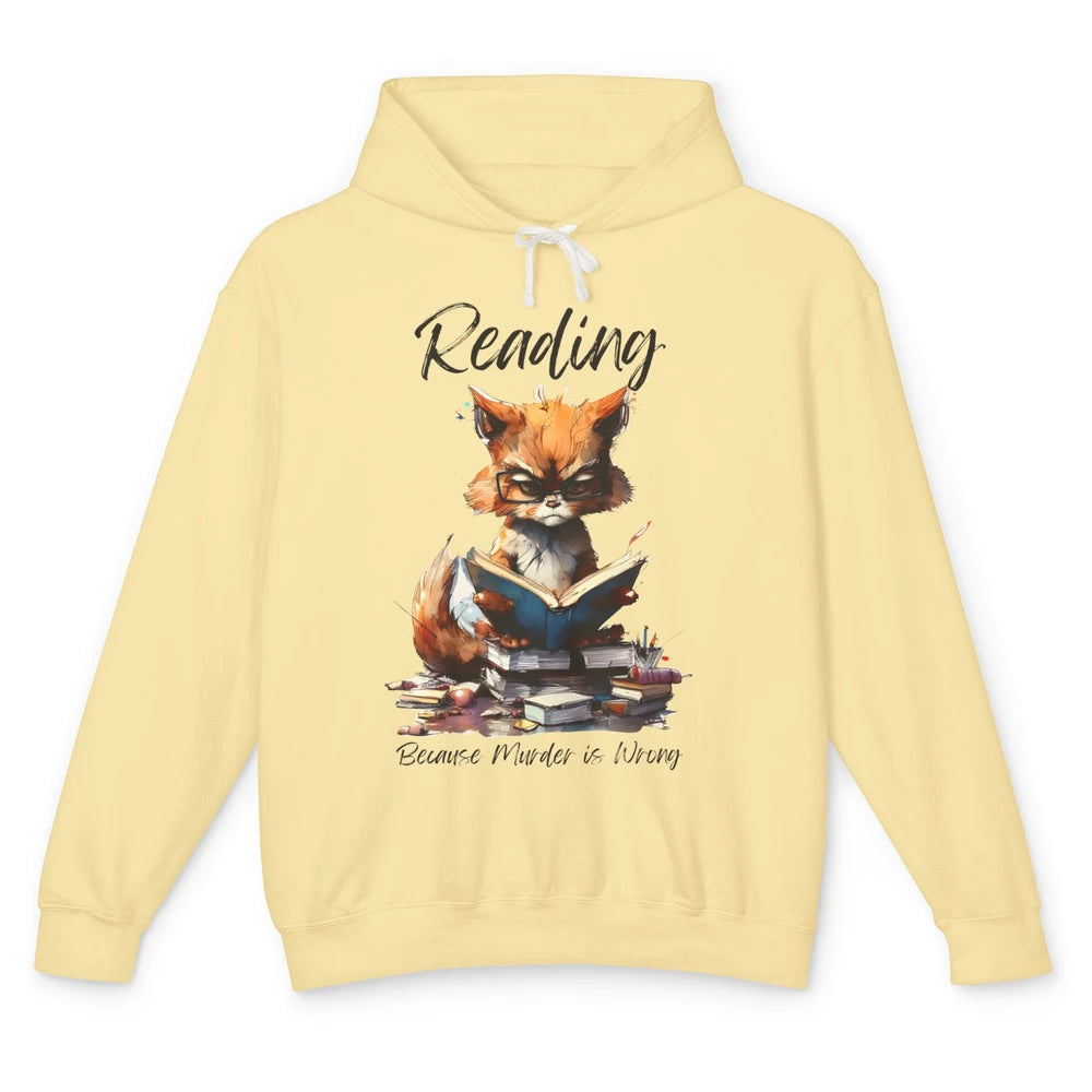 Retro Funny Cat Reading Because Murder Is Wrong Booknerd Unisex Lightweight Hoodie