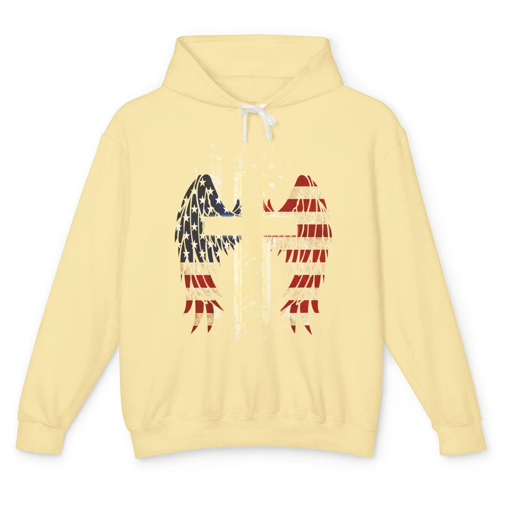 Patriotic One Nation Under God American Flag Faith Cross Unisex Lightweight Hoodie