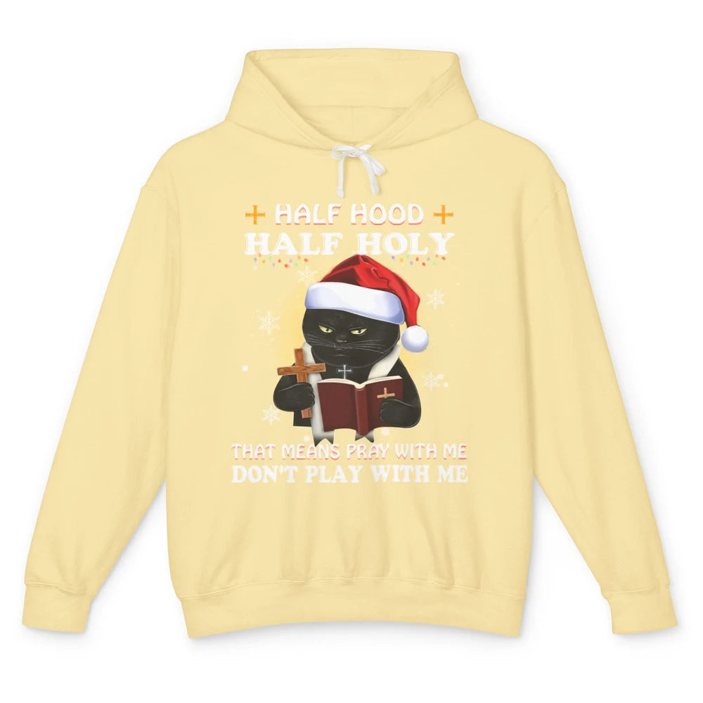 Black Cat Santa Half Hood Half Holly Christmas Bible Verse Unisex Lightweight Hoodie