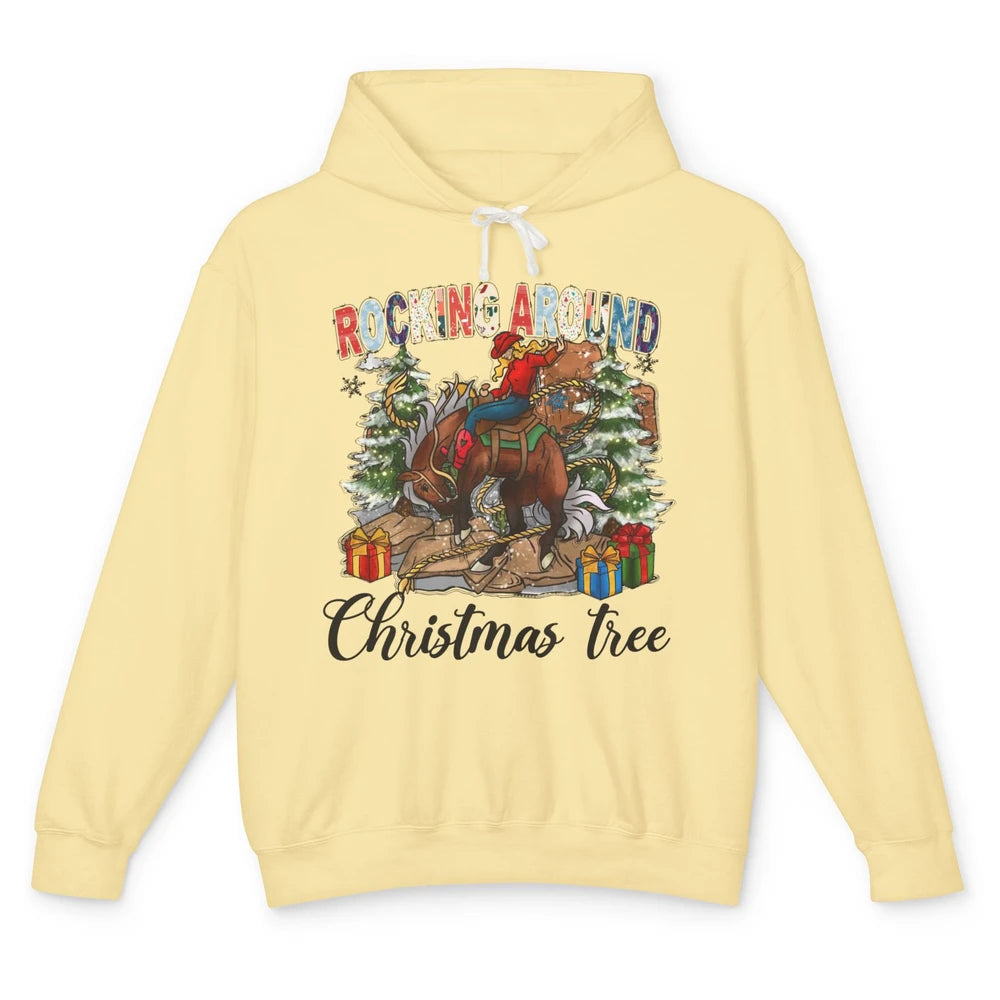 Funny Cowgirl Horsing Rocking Around Christmas Tree Western Unisex Lightweight Hoodie