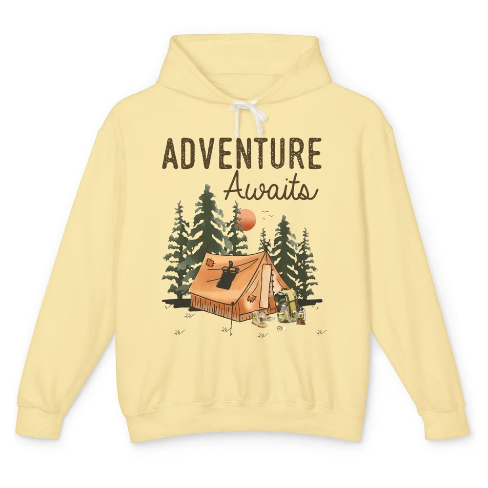 Retro Camping Tent Mountain Sunset Adventure Awaits Campers Unisex Lightweight Hoodie