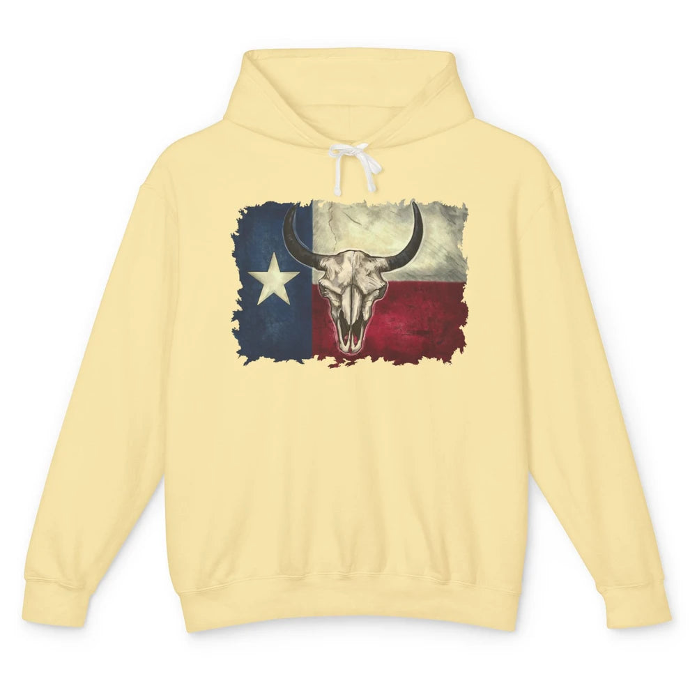 Retro Bull Skull Texas Map Western Country Cowboy Cowgirl Unisex Lightweight Hoodie