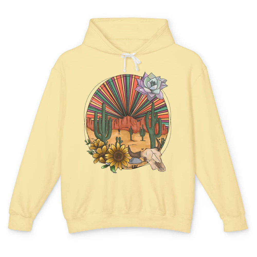 Retro Desert Western Cowboy Boho Skull Cactus Country Cowboy Unisex Lightweight Hoodie