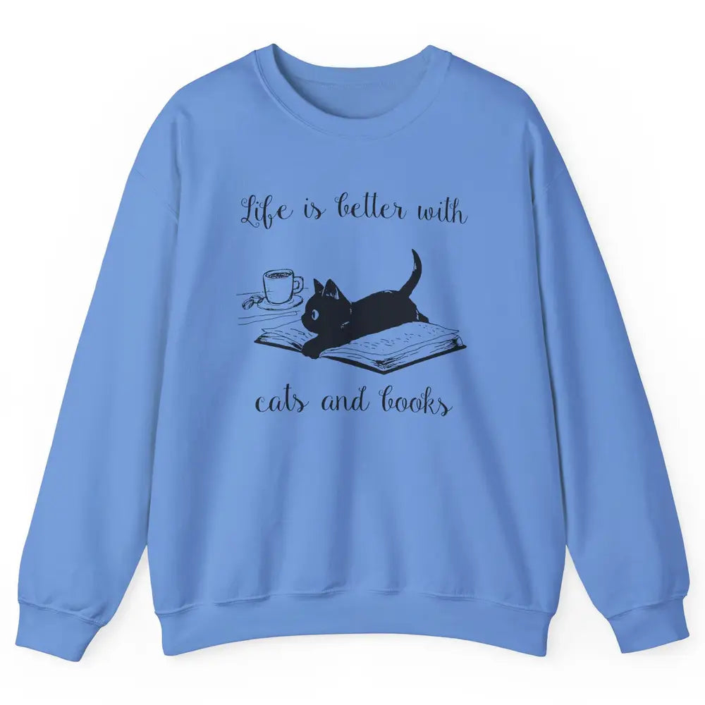 Retro Life Is Better With Cats And Books Reading Lovers Unisex Crewneck Sweatshirt