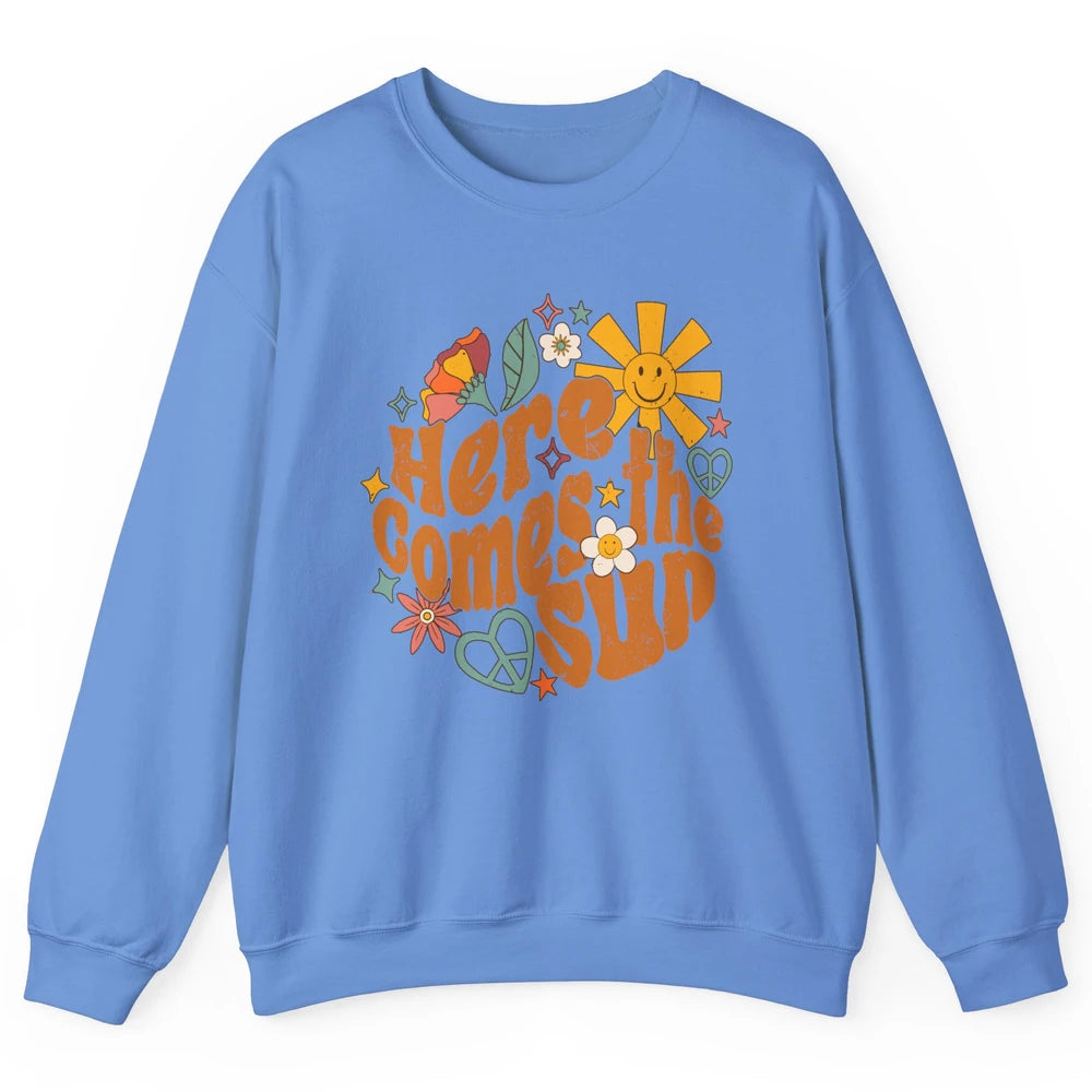 Retro Daisy Rainbow Sunrise Here Comes The Sun Hippie Girl Unisex Crewneck Sweatshirt