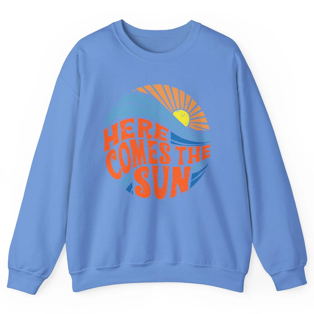 Retro Rainbow Sunrise Here Comes The Sun Hippie Girl Unisex Crewneck Sweatshirt