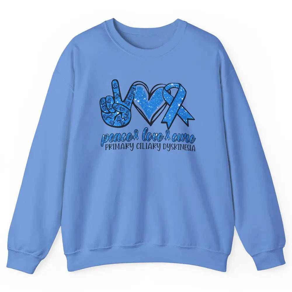 Primary Ciliary Dyskinesia Peace Love Cure Blue Ribbon Unisex Crewneck Sweatshirt