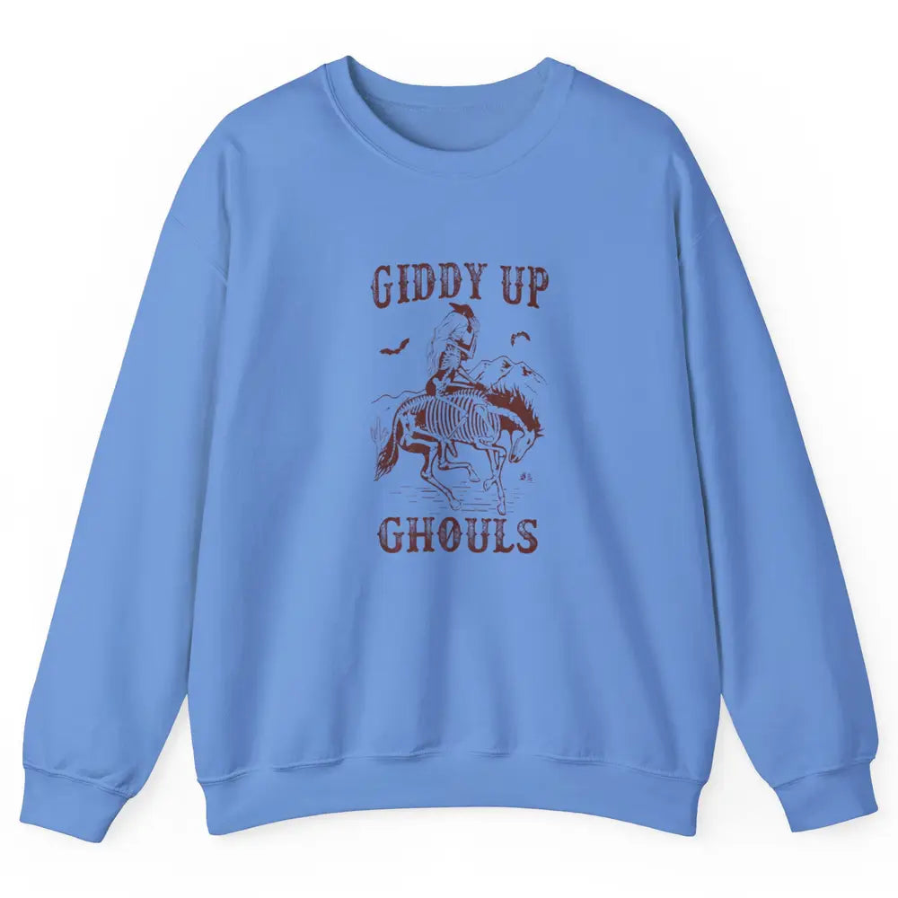 Retro Giddy Up Ghouls Skeleton Western Cowgirl Howdy Cowboy Unisex Crewneck Sweatshirt