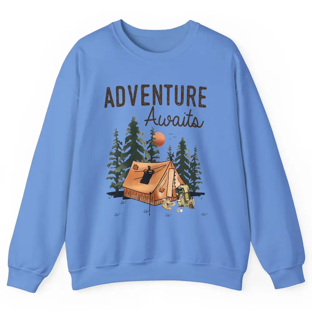 Retro Camping Tent Mountain Sunset Adventure Awaits Campers Unisex Crewneck Sweatshirt