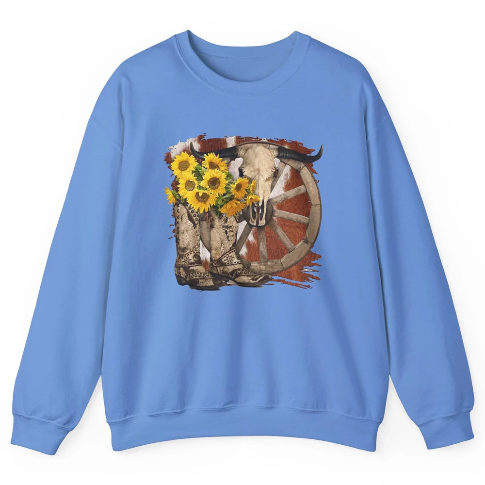 Retro Sunflower Cowgirl Boots Cow Skull Western Country Girl Unisex Crewneck Sweatshirt