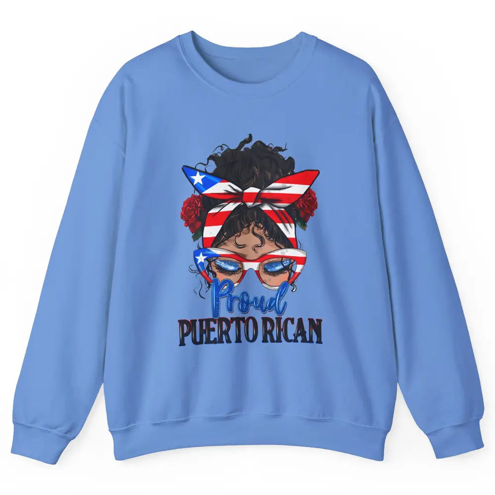 Proud Puerto Rican Girl Messy Bun Hair Puerto Rico Flag Unisex Crewneck Sweatshirt