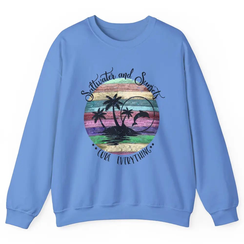 Retro Beach Sunset Saltwater and Sunsets Cure Everything Unisex Crewneck Sweatshirt