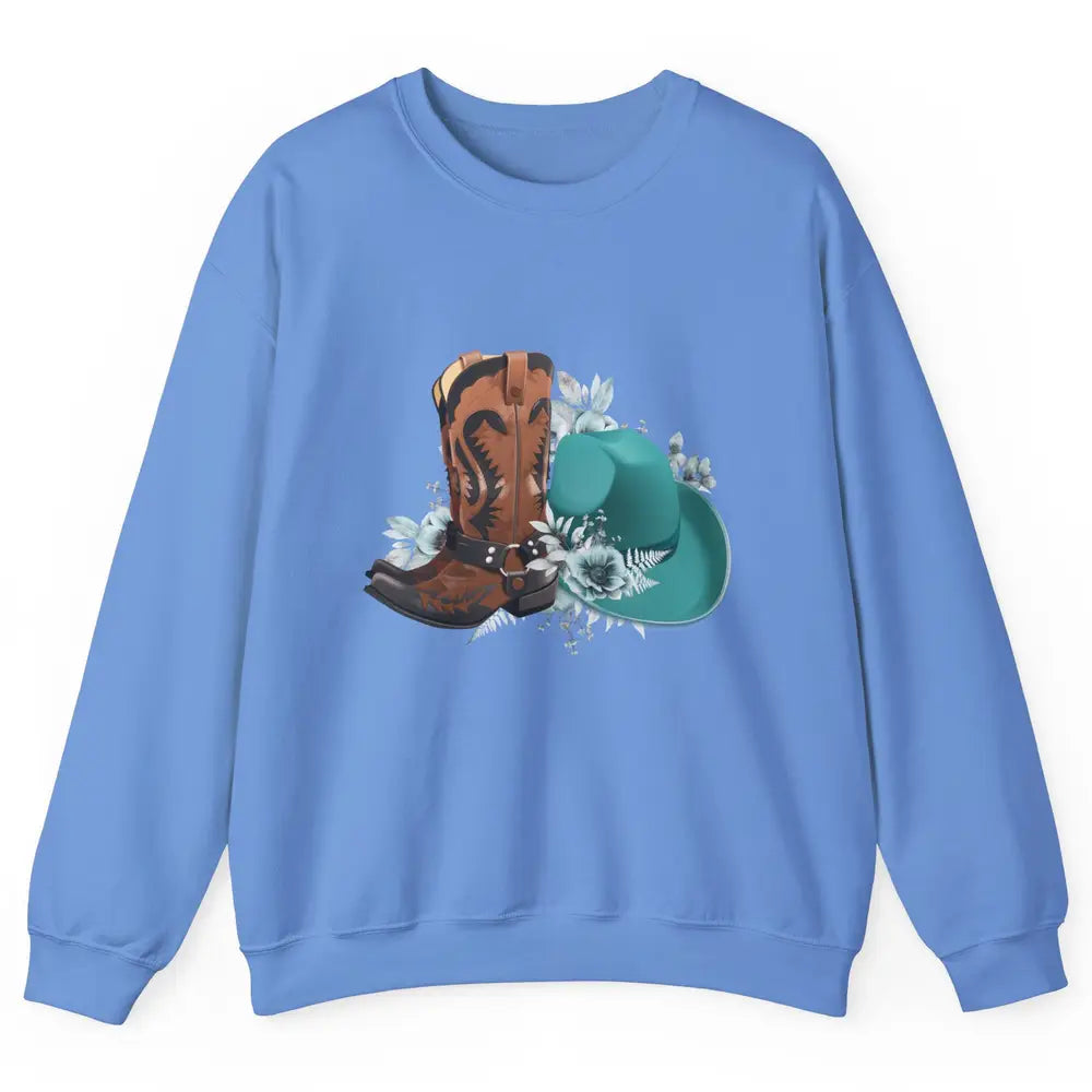Retro Cowgirl Floral Turquoise Cowboy Boots Rodeo Western Unisex Crewneck Sweatshirt