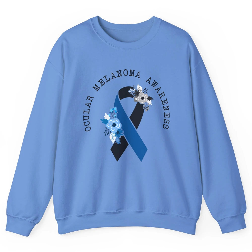Ocular Melanoma Awareness Floral Black Blue Ribbon Rainbow Unisex Crewneck Sweatshirt