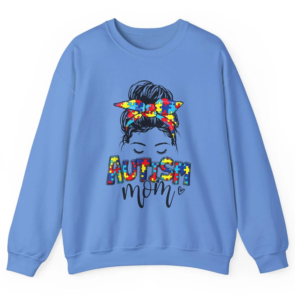 Autism Mom Messy Bun Hair Autism Awareness Puzzle Headband Unisex Crewneck Sweatshirt