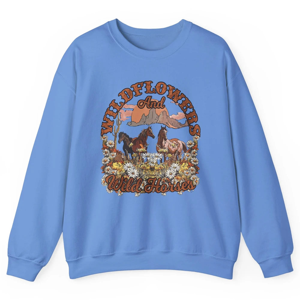 Retro Floral Desert Wildflowers Wild Horses Western Country Unisex Crewneck Sweatshirt