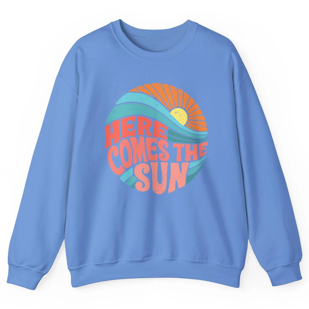 Retro Rainbow Sunrise Here Comes The Sun Hippie Girl Unisex Crewneck Sweatshirt