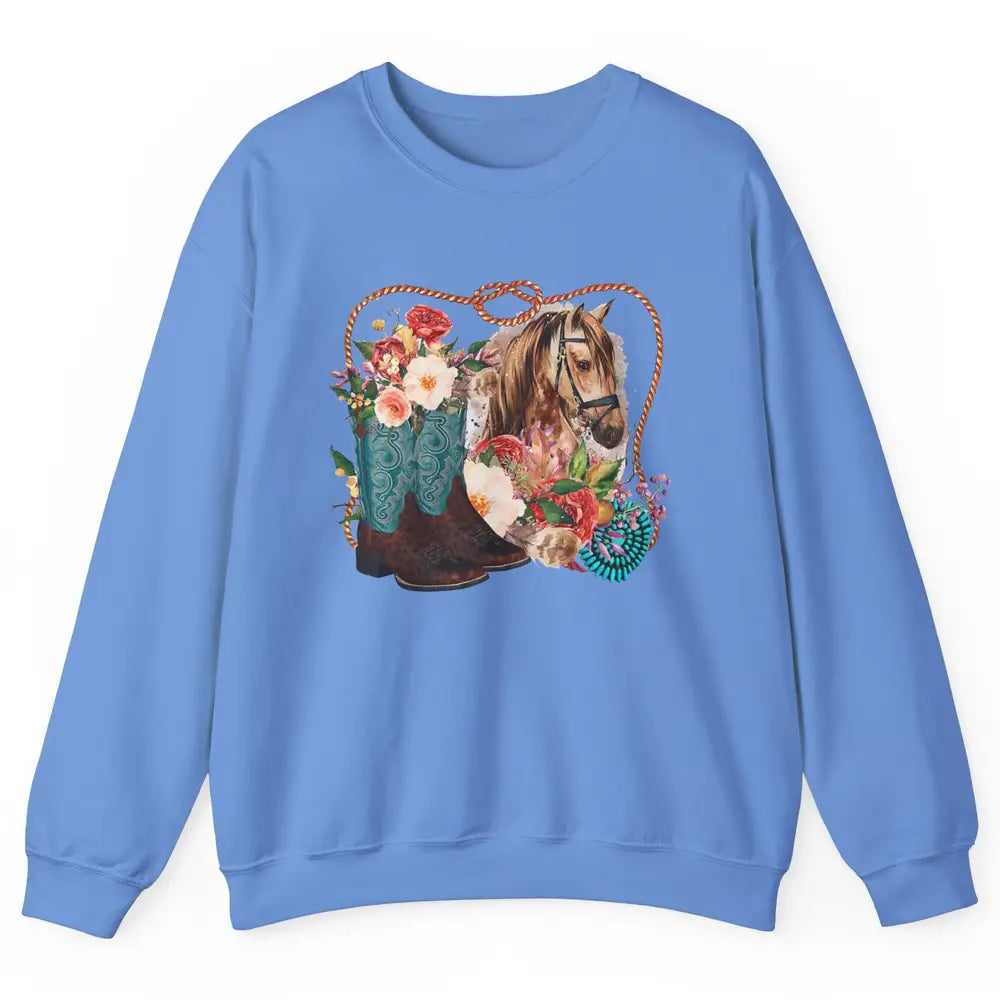 Retro Floral Cowboy Boots And Horse Western Country Cowgirl Unisex Crewneck Sweatshirt