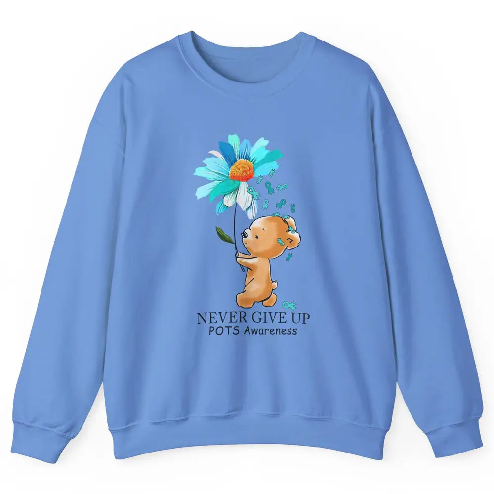 POTS Awareness Keep Going Daisy Bear Turquoise Sunflower Unisex Crewneck Sweatshirt