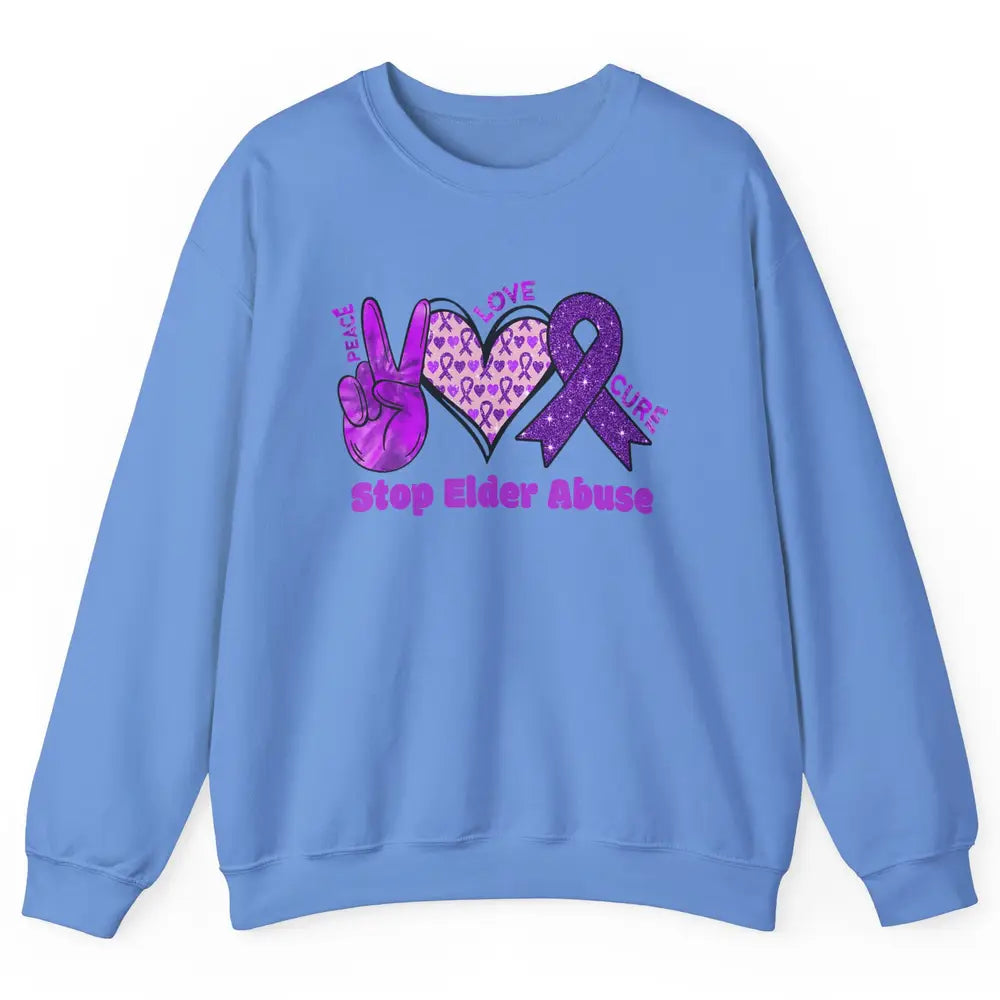 Peace Love Hope Heart Purple Ribbon Elder Abuse Awareness Unisex Crewneck Sweatshirt