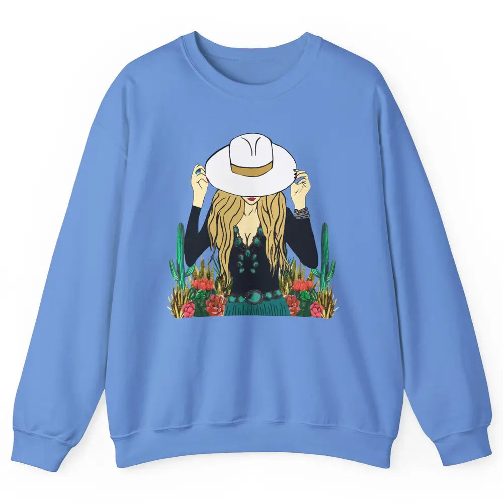 Retro Blonde Cowgirl Punchy Cowhide Turquoise Western Cowboy Unisex Crewneck Sweatshirt