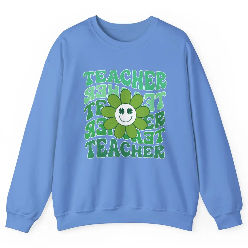 Retro Groovy Wavy Teacher Smiling Face Daisy St Patricks Day Unisex Crewneck Sweatshirt
