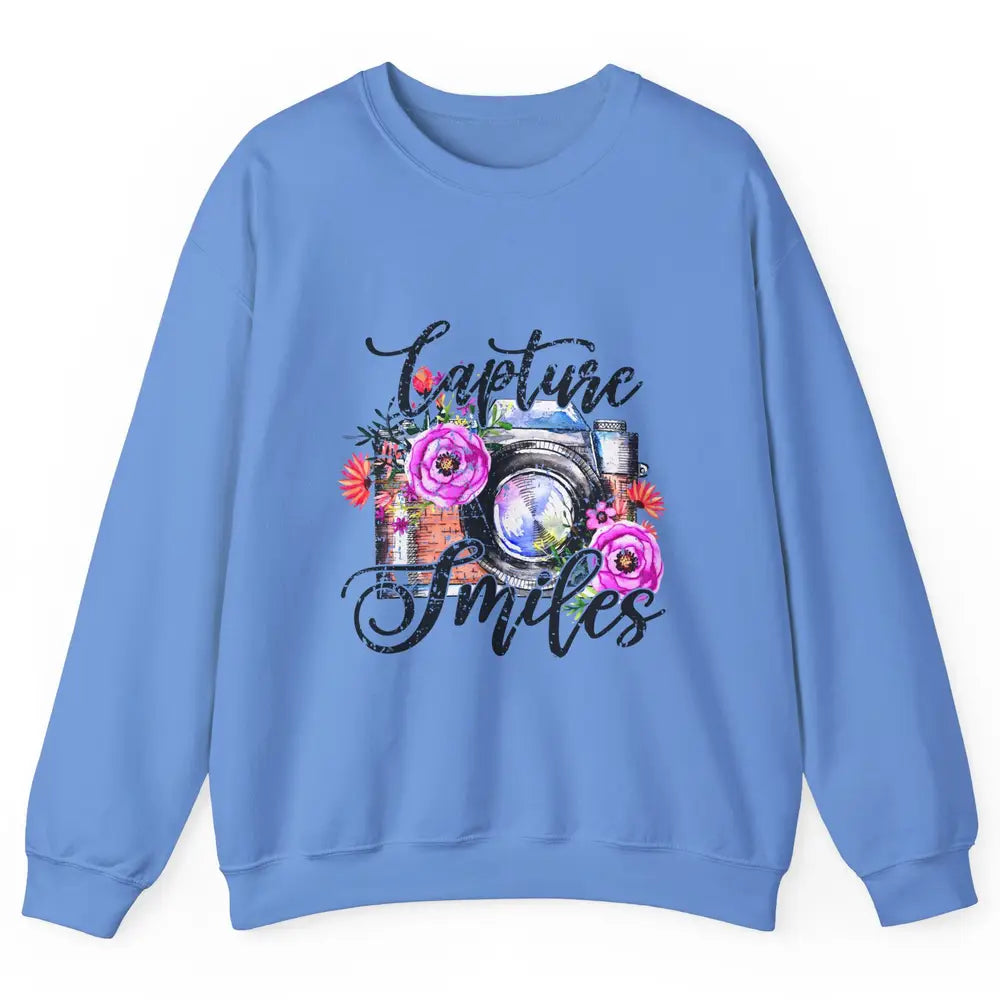 Photography Day Capture Smiles Retro Floral Camera Traveller Unisex Crewneck Sweatshirt