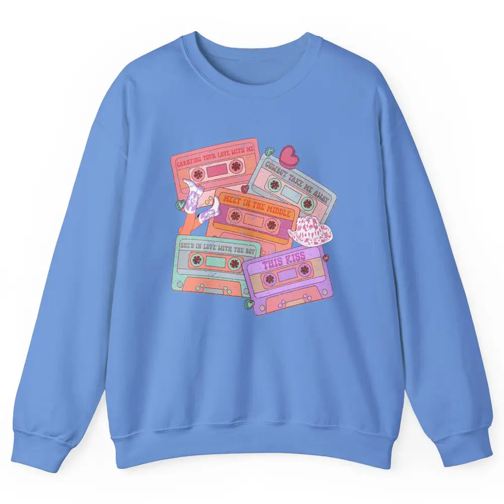 Retro Cowgirl Cassette 90s Western Country Boots Music Boho Unisex Crewneck Sweatshirt