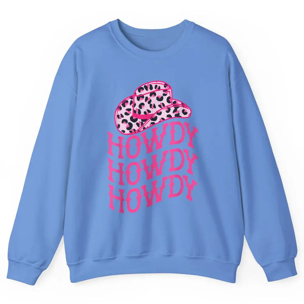 Retro Pink Leopard Cowboy Hat Howdy Western Texas Cowgirl Unisex Crewneck Sweatshirt