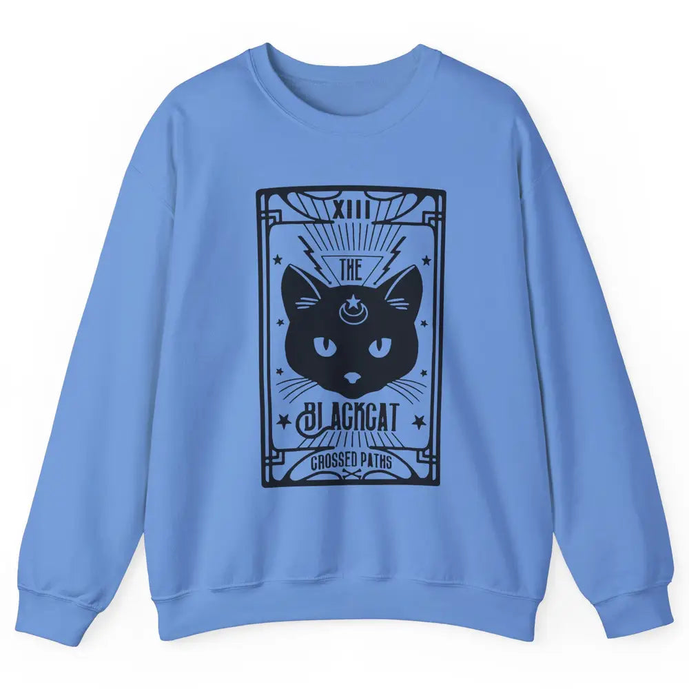 Retro Halloween Black Cat Crossed Path Tarot Card Witchcraft Unisex Crewneck Sweatshirt