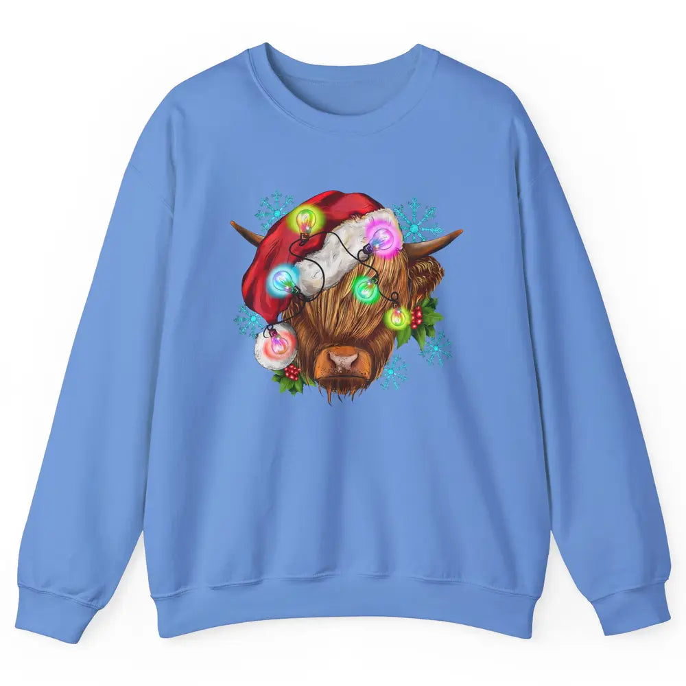Christmas Highland Cow Xmas Light Western Christmas Cow Unisex Crewneck Sweatshirt