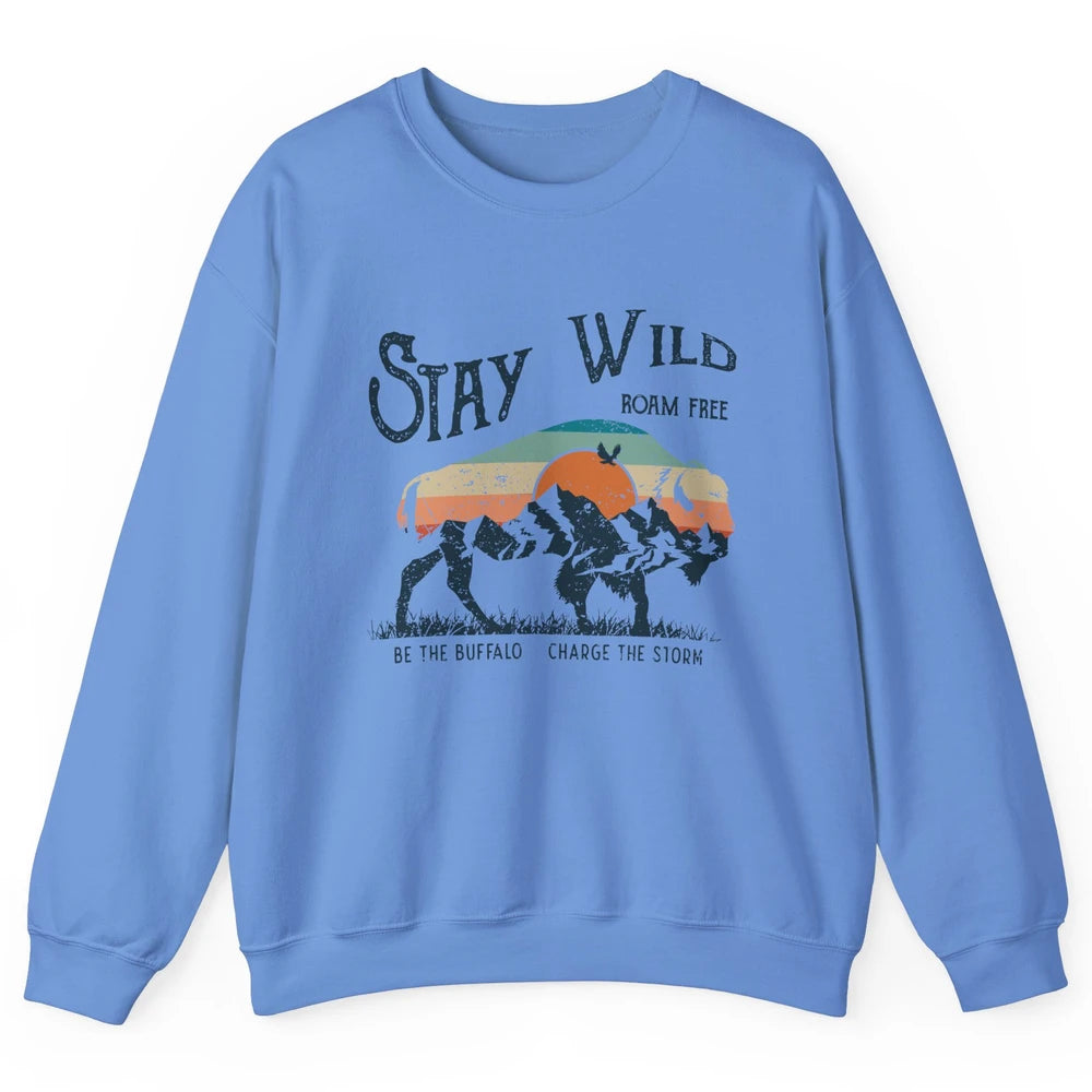 Retro Buffalo Mountain Sunset Stay Wild Roam Free Western Unisex Crewneck Sweatshirt