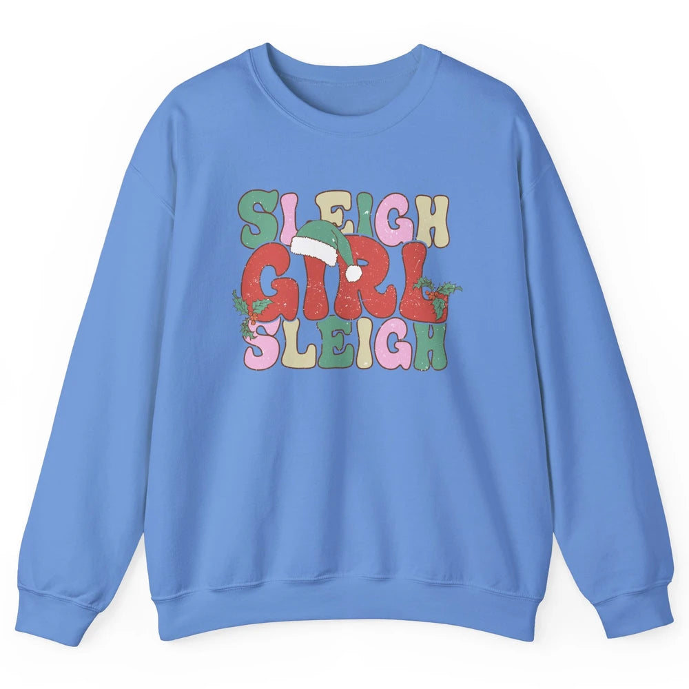 Retro Groovy Christmas Sleigh Girl Sleigh Santa Hat Winter Unisex Crewneck Sweatshirt