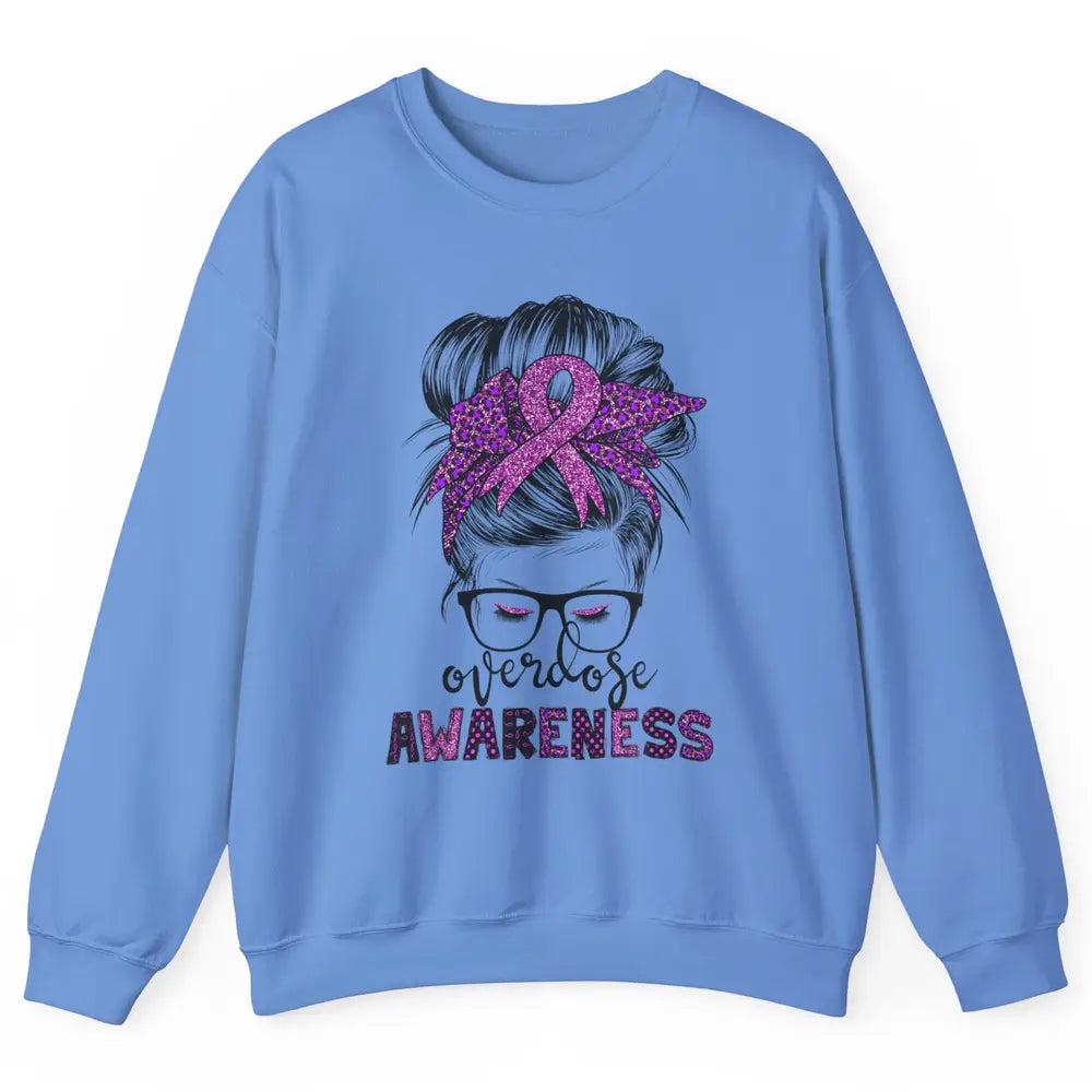Overdose Awareness Messy Hair Bun Purple Leopard Warrior Unisex Crewneck Sweatshirt