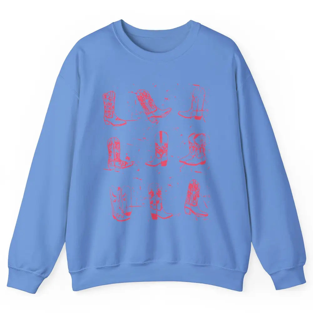 Retro Pink Cowboy Boots Western Valentine Cowgirl Gift Unisex Crewneck Sweatshirt