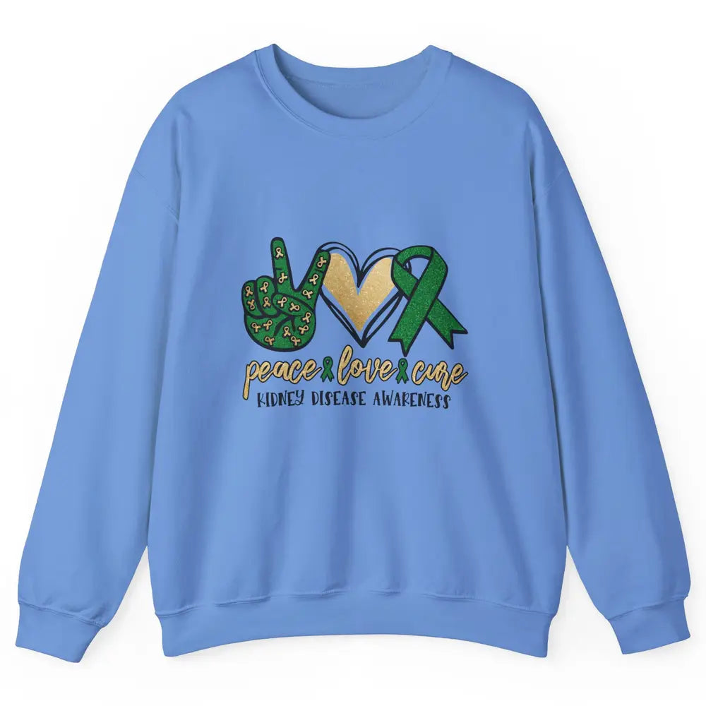 Peace Love Cure Kidney Disease Awareness Green Ribbon Heart Unisex Crewneck Sweatshirt